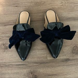 Patent mules with velvet bow